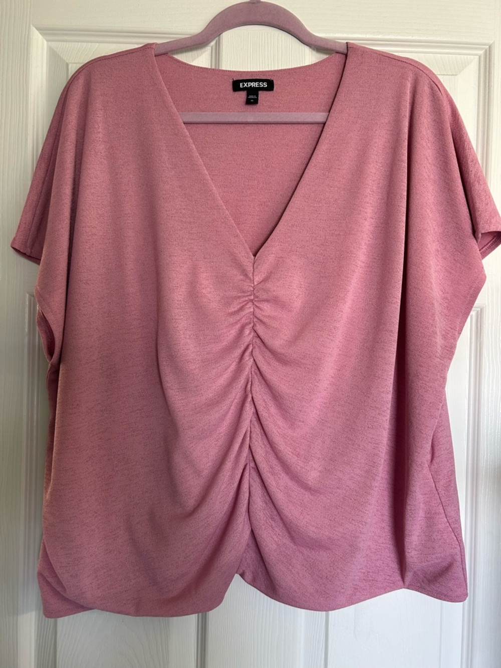 Express Dusty Rose Ruched V-Neck Short Sleeve Top